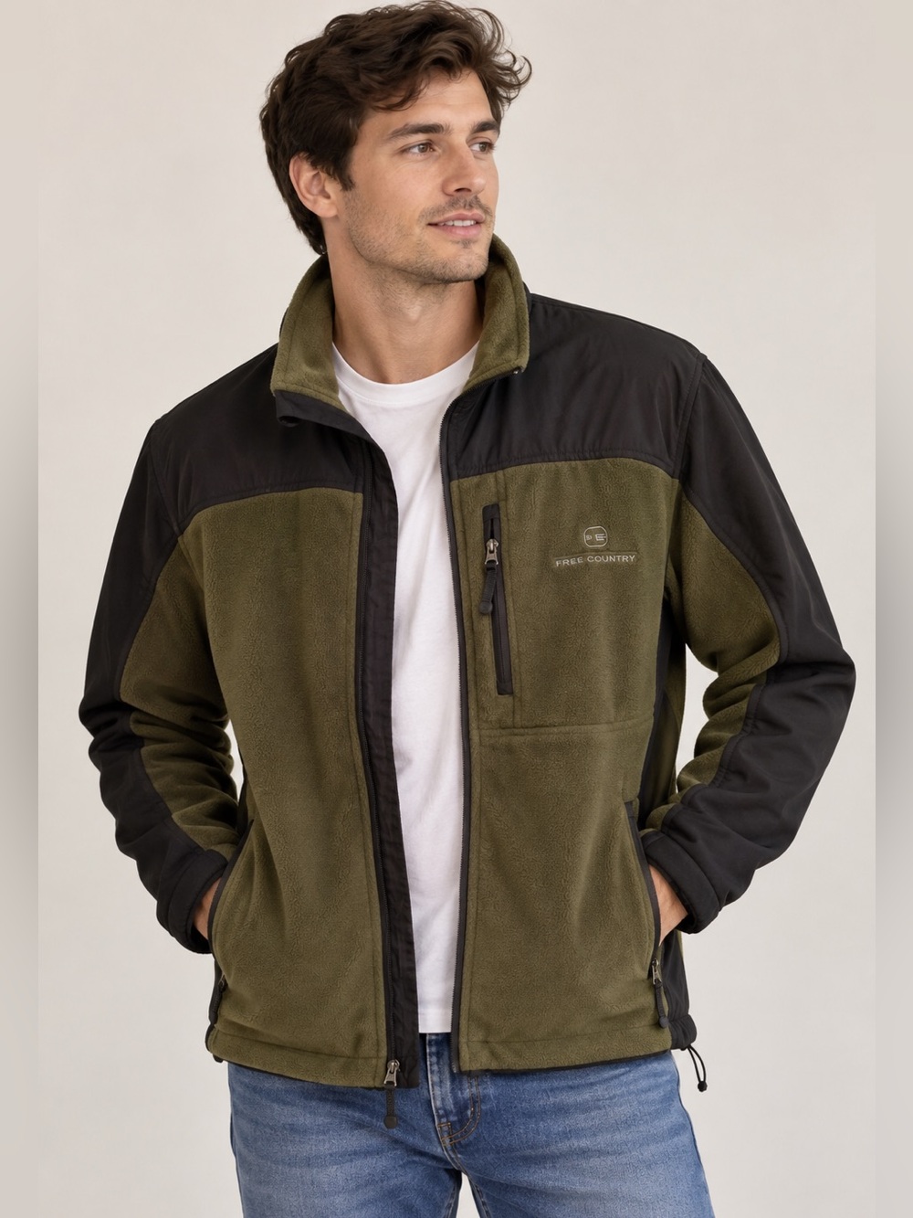 Free Country Men’s Olive Green Black Fleece Jacket Size Large